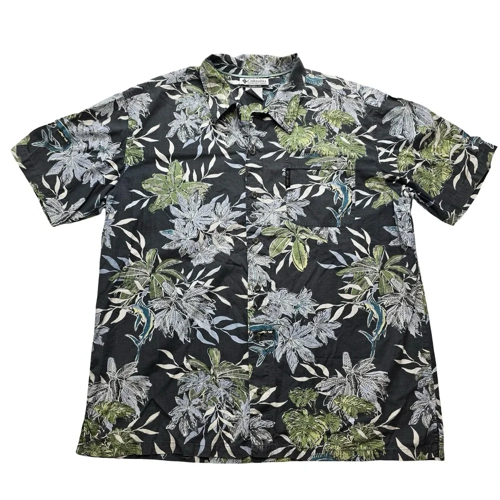 Columbia Tropical Hawaiian Shirt Floral‎ Cotton Black XL Men